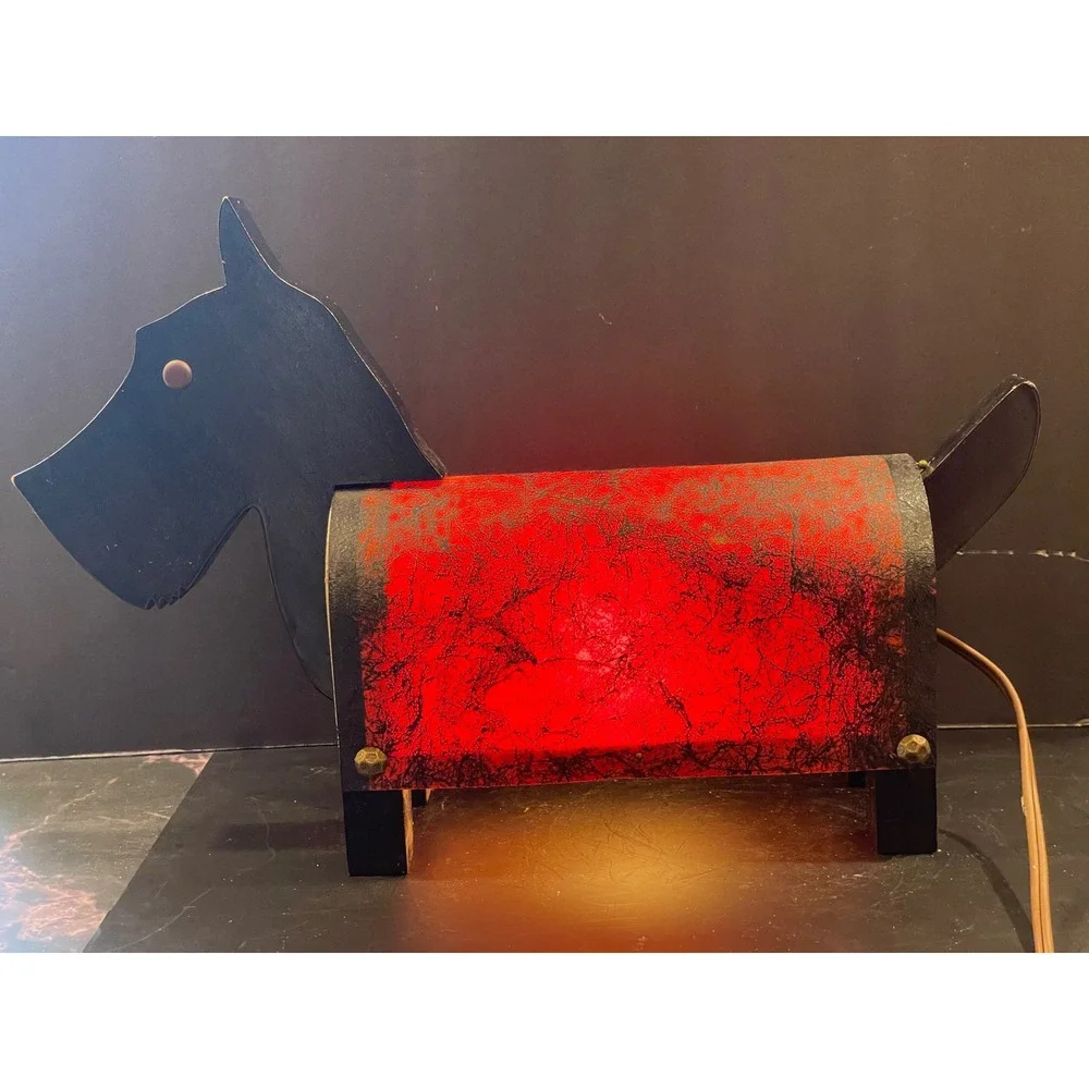 Vintage Scottie Dog Table Lamp Art Deco Scottish Terrier Wood Accent Light Red
